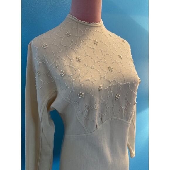 Vintage '89 Nina Lee Beaded Wool Knit Sweater Top IVORY Back Zipper - Picture 3 of 7